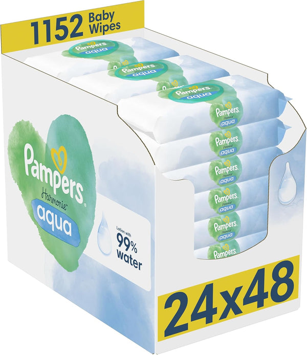Pampers Harmonie Aqua Baby Wipes Plastic Free 24 Packs of 48 Wipes, 1152 Baby Wet Wipes, Help restore natural skin pH, Delicate lotion with 99 percent water