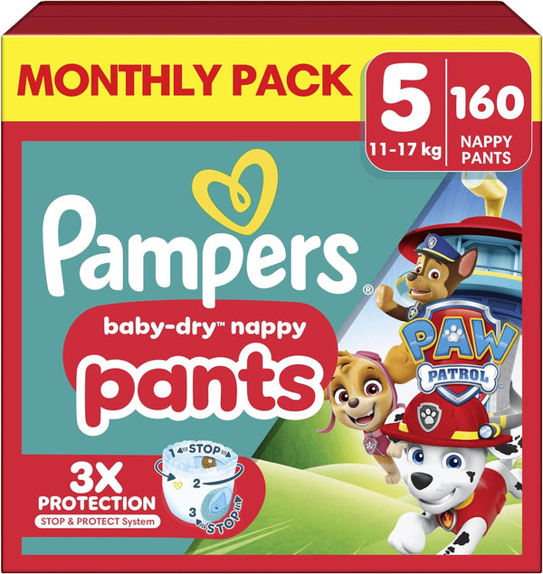 Pampers Baby-Dry Nappy Pants Paw Patrol Edition Size 5, 160 Nappies, 11kg-17kg, Monthly Pack, with Our 360° Pants Fit to Help Prevent Leaks