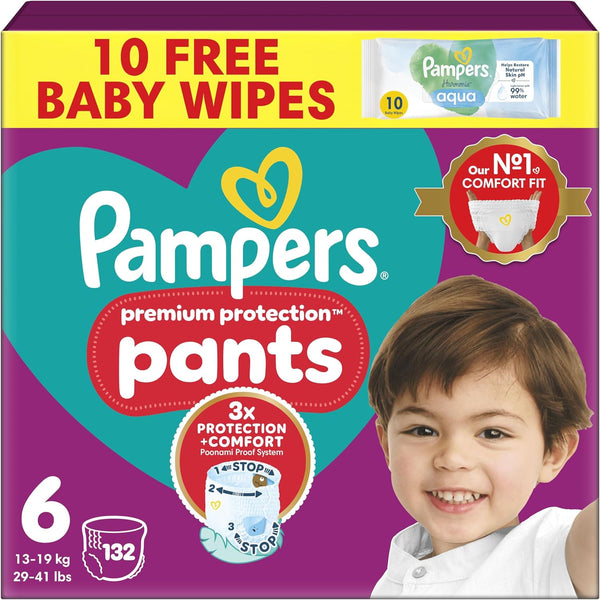 Pampers Premium Protection Nappy Pants Size 6, 132 Nappies, 13kg-19kg, Monthly Pack + Pampers Harmonie Aqua Baby Wipes 1 pack of 10 Wipes