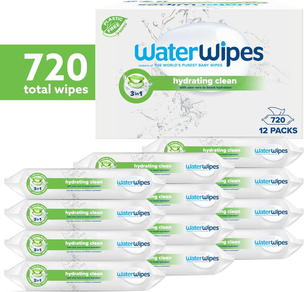 WaterWipes Sensitive+ Hydrating Boost Wipes, 720 Count (12 Packs), 3-In-1 Cleans, Cares, Hydrates, 99% Water with Aloe Vera, Unscented Baby Wipes