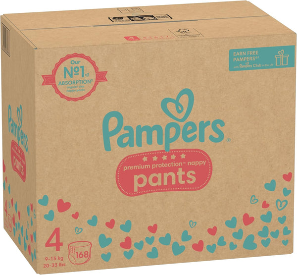 Pampers Premium Protection Nappy Pants Size 4, 168 Nappies, 9kg-15kg, Monthly Pack + Pampers Harmonie Aqua Baby Wipes 1 pack of 10 Wipes