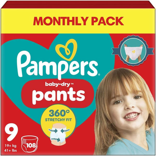 Pampers Baby-Dry Nappy Pants Size 9, 108 Nappies, 19kg+, Monthly Pack, 360° Fit to Help Prevent Gaps and Leaks