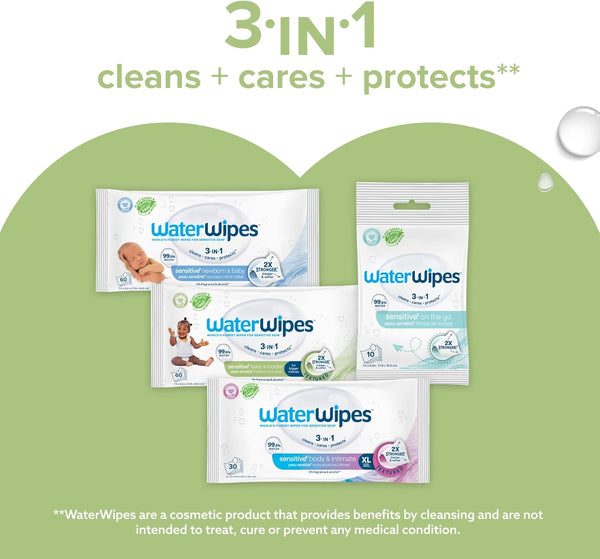 WaterWipes Sensitive+ Baby & Toddler Wipes, 720 Count (12 Packs), 3-In-1 Cleans, Cares, Protects, 99.9% Water, Textured Clean, Unscented