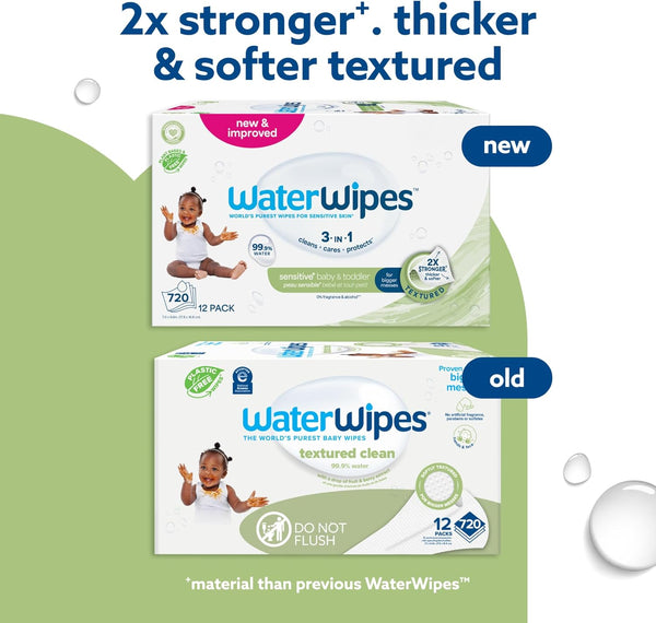 WaterWipes Sensitive+ Baby & Toddler Wipes, 720 Count (12 Packs), 3-In-1 Cleans, Cares, Protects, 99.9% Water, Textured Clean, Unscented
