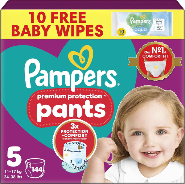 Pampers Premium Protection Nappy Pants Size 5, 144 Nappies, 11kg-17kg, Monthly Pack + Pampers Harmonie Aqua Baby Wipes 1 pack of 10 Wipes