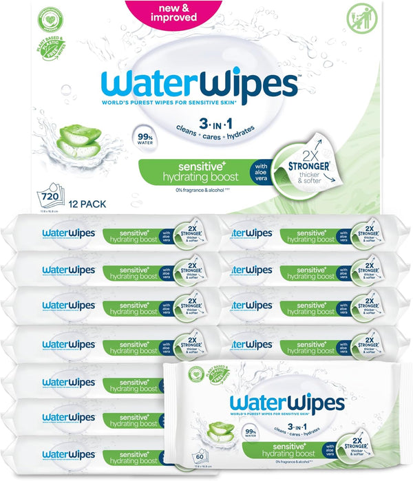 WaterWipes Sensitive+ Hydrating Boost Wipes, 720 Count (12 Packs), 3-In-1 Cleans, Cares, Hydrates, 99% Water with Aloe Vera, Unscented Baby Wipes