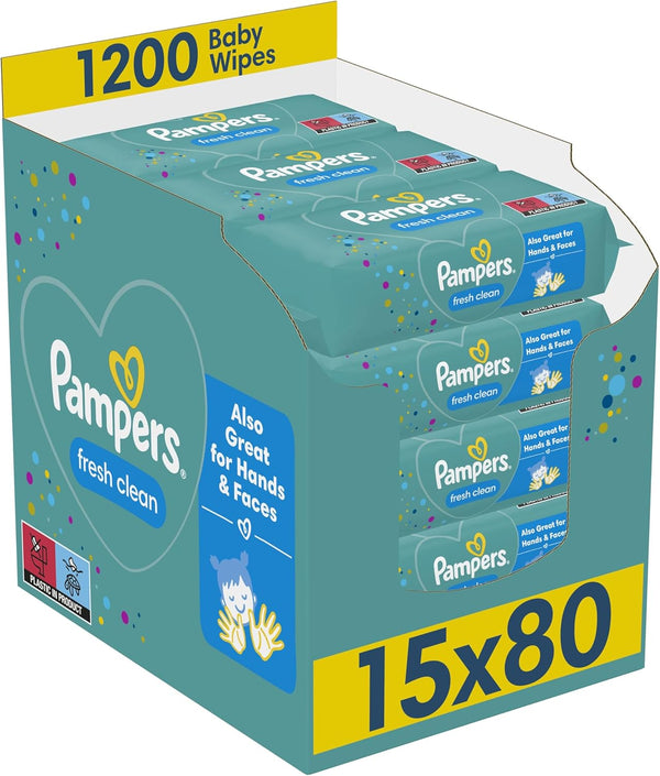 Pampers Fresh Clean Baby Wipes 15 Packs of 80 Wipes equals to 1200 Baby Wet Wipes, Also Great For Hands And Faces